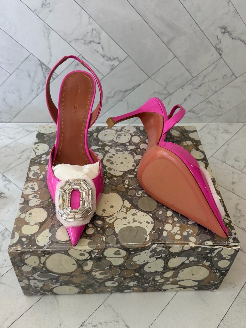 Amina Muaddi Hot Pink Pointed-Toe Slingback Heels with Crystal Buckle - Picture 8 of 10